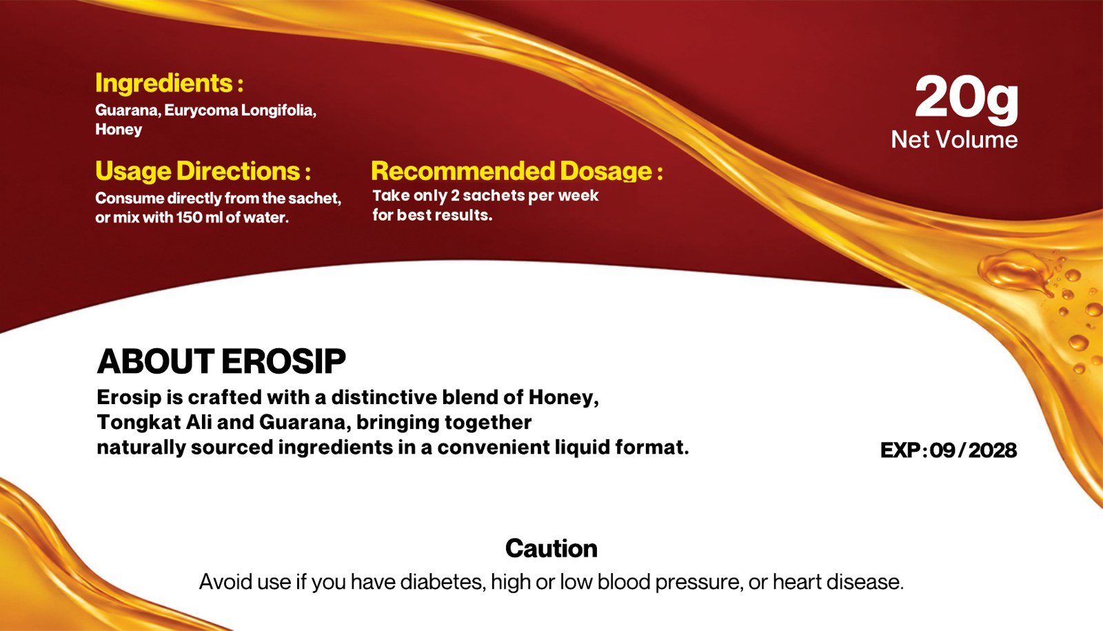 Back of the Erosip sachet with ingredients and directions